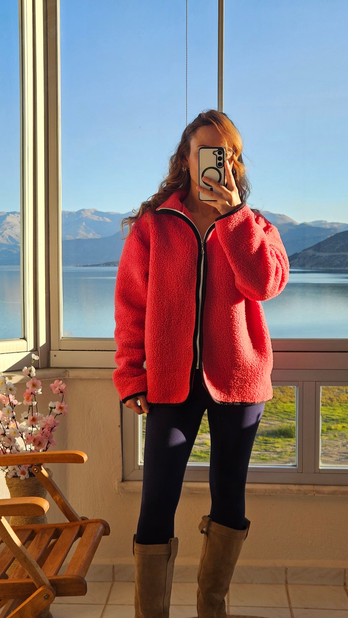Cepli Siyah Biyeli Polar Fuşya Pembe Ceket