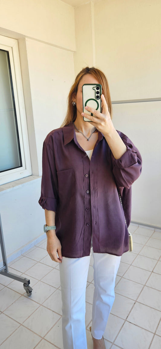 Tensel Dokulu Oversize Kahve Gömlek