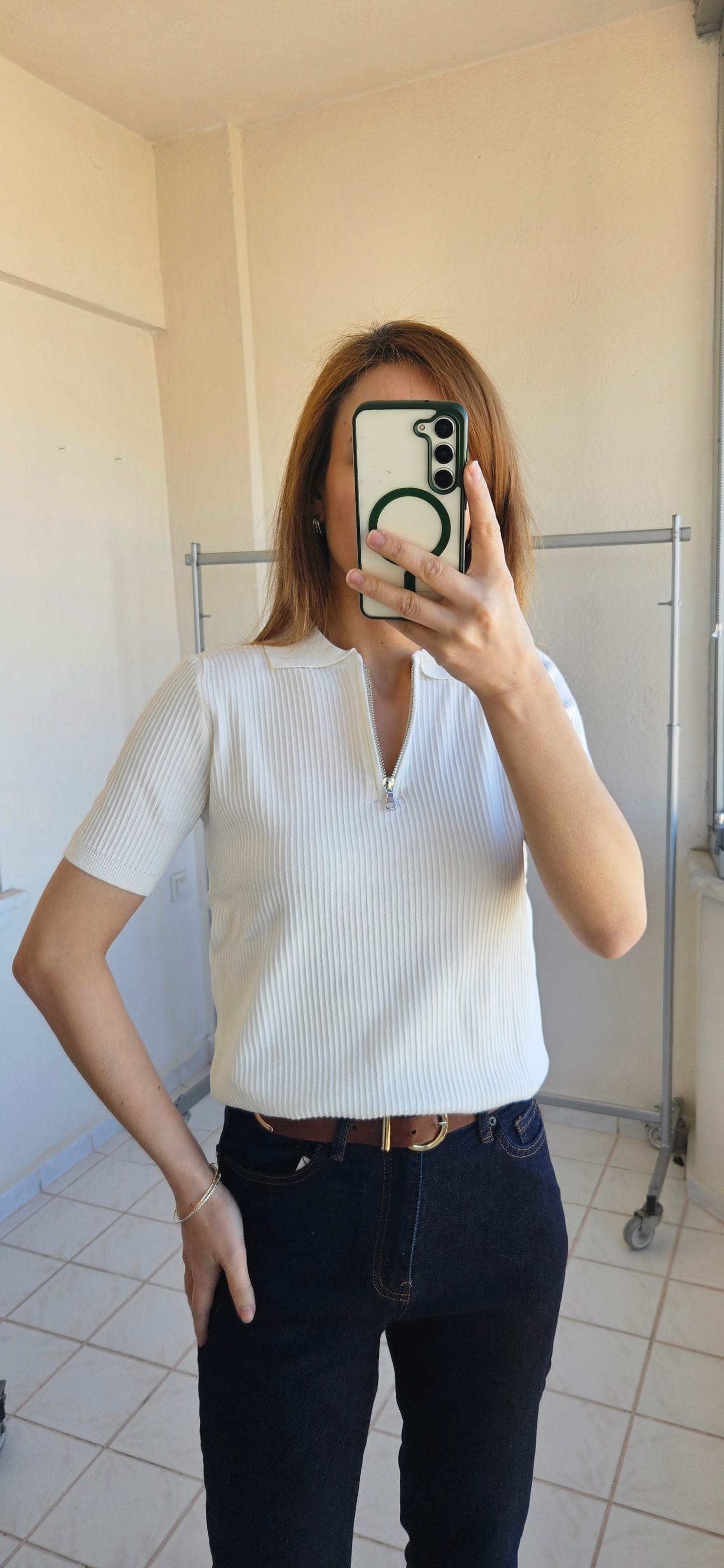 Polo Yaka Fermuarlı Esnek Ekru Triko