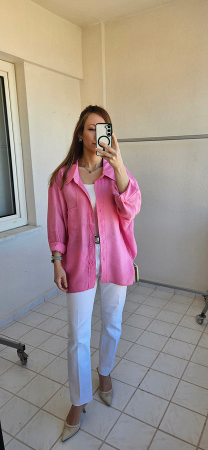 Tensel Dokulu Oversize Pembe Gömlek