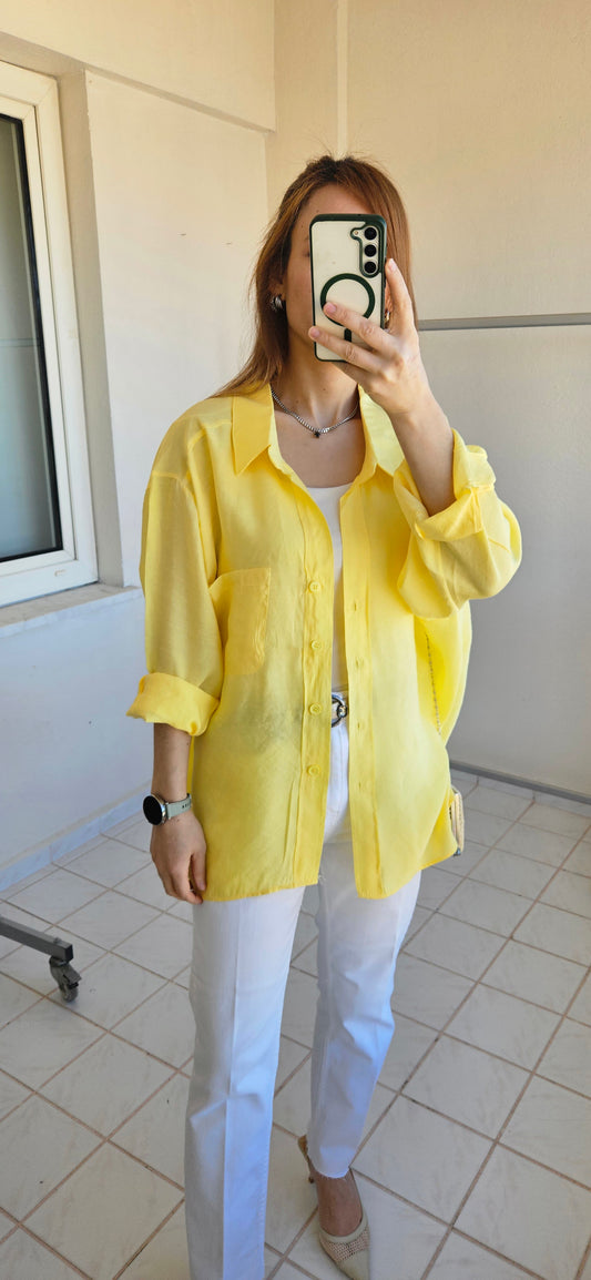 Tensel Dokulu Oversize Sarı Gömlek