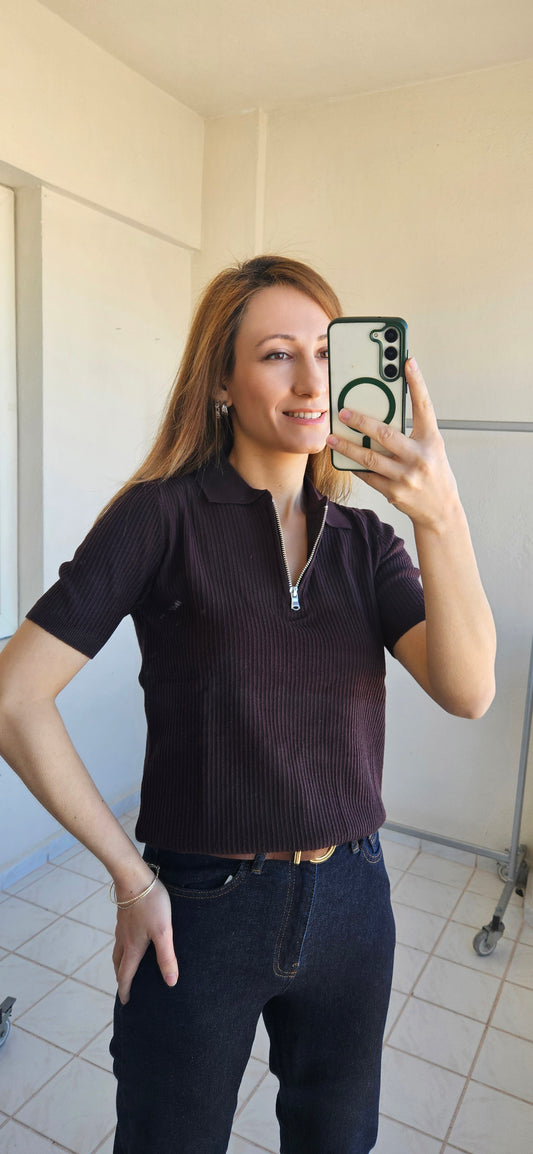 Polo Yaka Fermuarlı Esnek Kahve Kısakol Triko