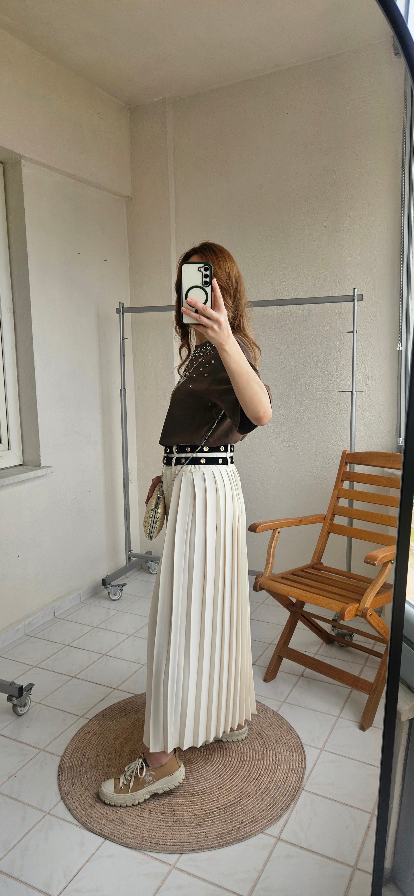 Yandan Yırtmaçlı Çift Kemerli Astarlı Krem Etek
