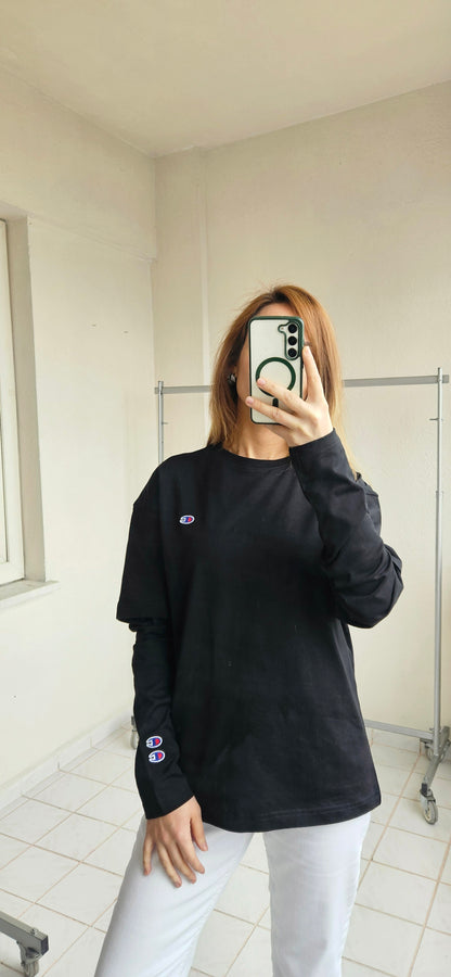 Nakışlı Uzun Kol Siyah Penye Sweat